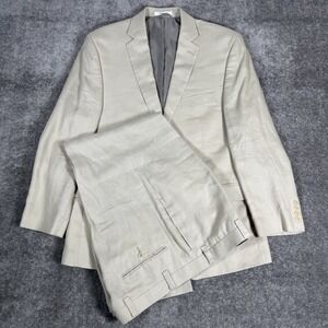 Calvin Klein Linen 2 Piece Suit Men's 42S Beige Ivory 38x29 Double Vented